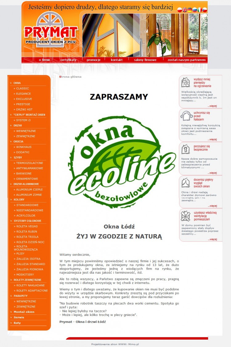 Wykonanie strony internetowej dla producenta okien: firmy Prymat Okna.
